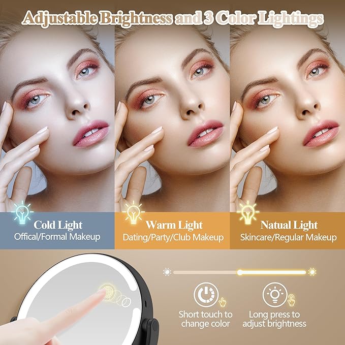 Makeup Mirror with Lights, Double Sided 1x/20x Magnifying Mirror with Light, Rechargeable 3 Color Lights and Adjustable Brightness, 360° Rotation Detachable Comes with Tweezer(Black)