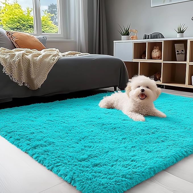 OLANLY 3x5 Machine Washable Small Bedside Rug, Soft Fluffy Shaggy Rugs for Living Room, Bedroom, Indoor Floor Carpet for Kids Girls and Boys, Preppy Dorms, Nursery, Home Decor Aesthetic, Teal Blue