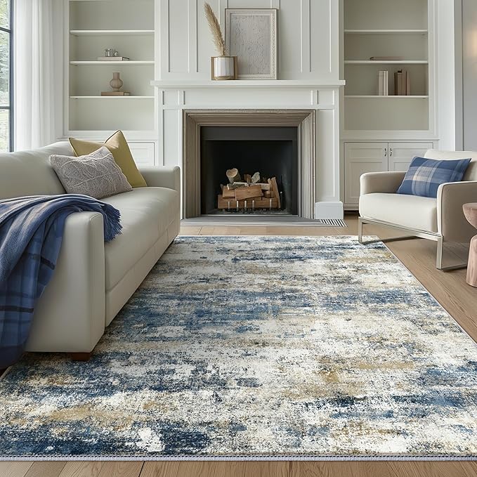 Machine Washable Rug 8x10 Area Rugs for Living Room Bedroom, Large Navy Blue Beige Abstract Area Rug Soft Throw Rugs, Low-Pile Floor Carpet with Non Slip Rubber Backing