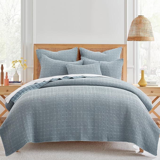 Levtex Home Mills Waffle Twin XL/Twin Quilt Set (68x86in) with 1 Pillow Sham (26x20in) - Chambray - Cotton Waffle Twin Size Quilt Bedding Set - Lightweight, Soft, Pre-Washed