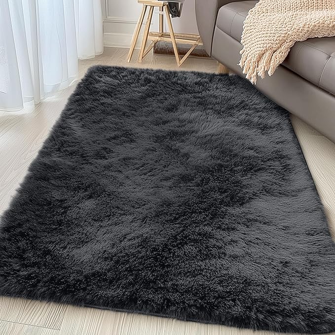 OLANLY 3x5 Machine Washable Small Bedside Rug, Soft Fluffy Shaggy Rugs for Living Room, Bedroom, Indoor Floor Carpet for Kids Girls and Boys, Preppy Dorms, Nursery, Home Decor Aesthetic, Black