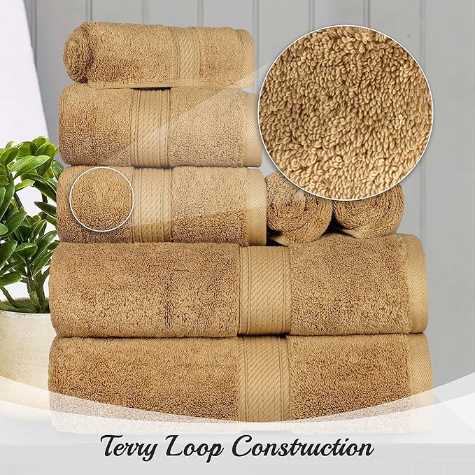 Superior Egyptian Cotton Pile 10 Piece Towel Set, Includes 2 Bath, 4 Hand, 4 Face Towels/Washcloths, Ultra Soft Luxury Towels, Thick Plush Essentials, Guest Bath, Spa, Hotel Bathroom, Toast
