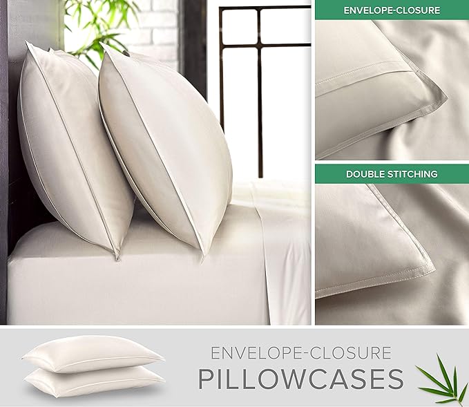 Pure Bamboo Queen Sheets, Genuine 100% Organic Viscose Derived from Bamboo Bed Sheet Set, Luxuriously Soft & Cooling, Double Stitching, 2 Year Quality Promise (Queen, Ivory)
