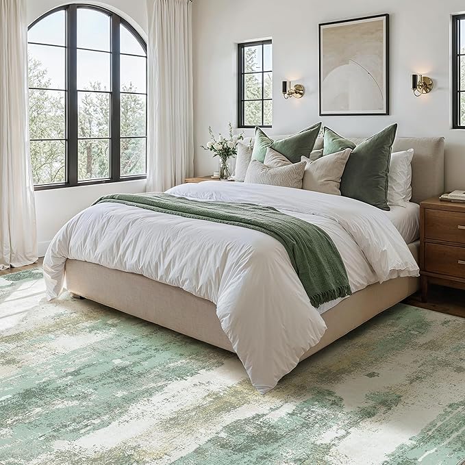 3x5 Rugs for Entryway Entrance Kitchen, Machine Washable Modern Abstract Soft Area Rug, Low Pile Indoor Floor Carpet with Non Slip Backing, Light Green/Cream