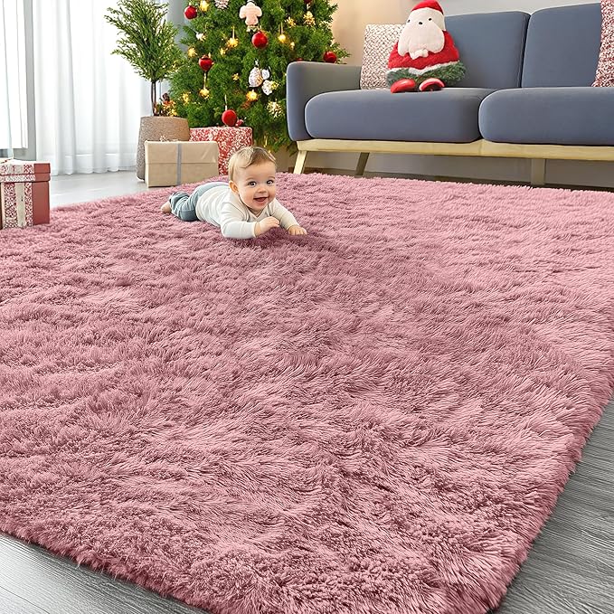 OLANLY 9x12 Machine Washable Large Area Rugs for Living Room, Bedroom, Soft Fluffy Shaggy Bedside Rug, Indoor Floor Carpet for Kids Girls and Boys, Dorms, Nursery, Home Decor Aesthetic, Pale Pink