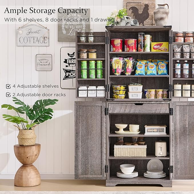 72" Tall Kitchen Pantry, Farmhouse Storage Cabinet with Barn Doors, Organizer, Drawer and Adjustable Shelves, Rustic Wood Cupboard for Kitchen, Dining Room, Bathroom and Hallway, Rustic Grey