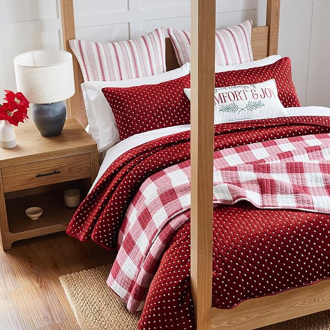Levtex Home - Cross Stitch Velvet Red Quilt Set - King Quilt + Two King Pillow Shams - Cross Stitched Pattern - Quilt Size (106x92in.) and Pillow Sham Size (36x20in.) - Reversible