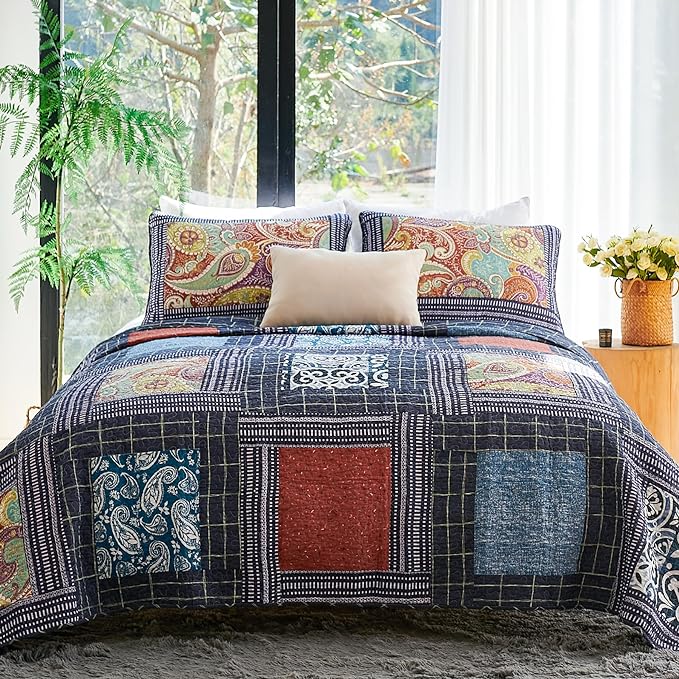 Secgo California King Quilt Size - 100% Cotton Oversized California Comforter Set Bedding Sets (120 * 110 Inch) with 2 Pillow Shams, Patchwork Reversible Lightweight Bedspread