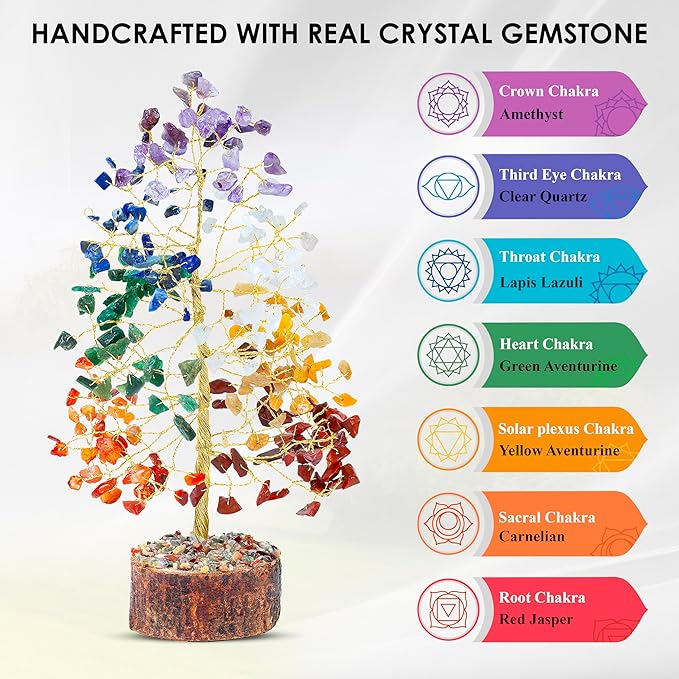 7 Chakra Tree of Life - Crystal Tree of Life, Gemstone Tree for Positive Energy, Feng Shui Tree Decor, Seven Chakra Tree, Money Tree Bonsai, Crystal Healing Stone Tree, Spiritual Gift Home Decor 10"