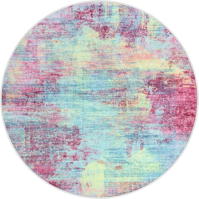 IOHOUZE Round Area Rug 5 Ft Circle Entryway Rugs Round Washable Door Mat Indoor Entrance, Non Slip Circle Front Door Rug, Printed Abstract Faux Wool Floor Carpet for Foyer Porch Sink, Pink Teal