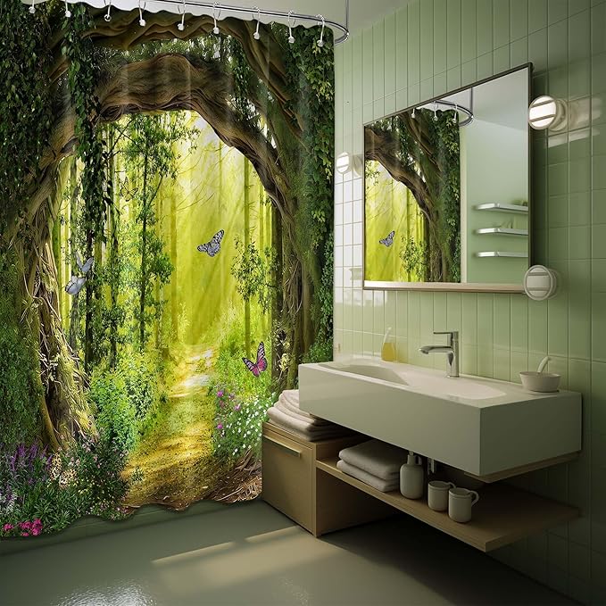 Tree Shower Curtain Green, Nature Garden Shower Curtain Outdoors Scene Shower Curtains for Bathroom, Enchanted Forest Scenic Bathroom Decor Sets, Waterproof Fabric with Hooks (70''W x 84''L)