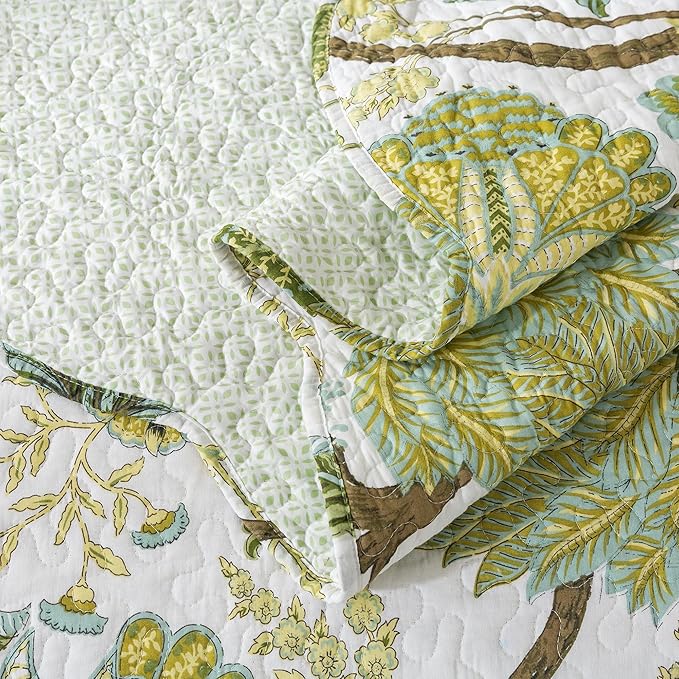 NEWLAKE Cotton Bedspread Quilt Sets - Reversible Patchwork Coverlet Set, Floral Vine Pattern, Queen Size
