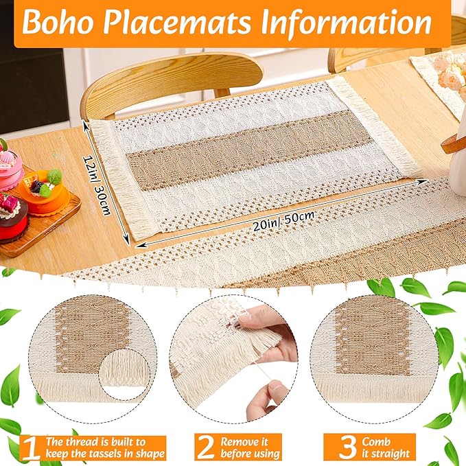 4 Sets Boho Placemats Round Woven Placemats, Cloth Napkins, Wood Bead Napkin Rings, Long Table Runner and Farmhouse Rustic Placemats Natural Burlap Cotton for Kitchen Dining Table Home