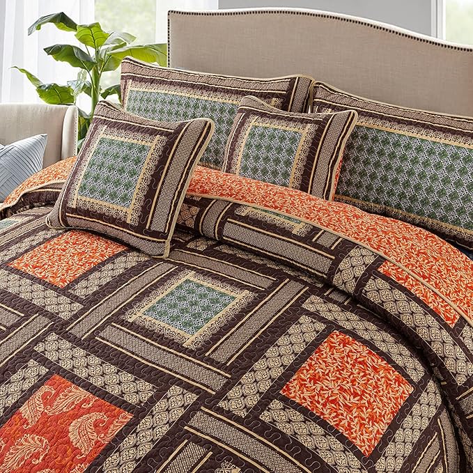 NEWLAKE Cotton Patchwork Bedspread, 3-Piece Bedding Quilt Set with Real Stitched Embroidery, Reversible Matelasse Bed Coverlet Set,Bohemian Farmhouse,Twin Size