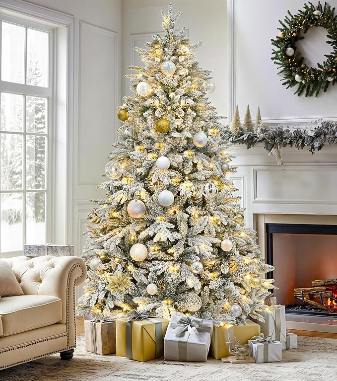 DWVO 6ft Pre-Lit Snow Flocked Artificial Christmas Tree, Luxurious Canaan Fir Design with 1225 PE & PVC Branch Tips, 260 Lights for Colorful Home and Office Holiday Decoration