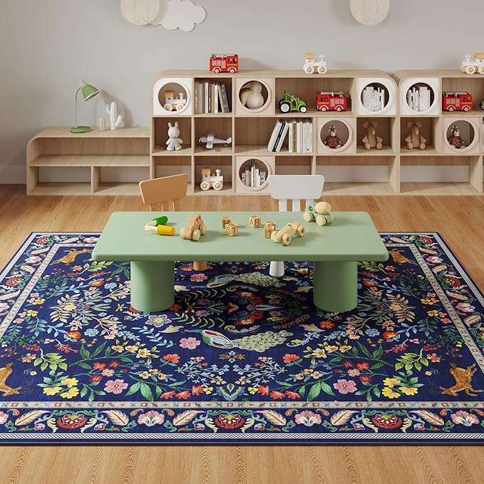 Living Room Rug 5x7 Rug Machine Washable Area Rug Floral Non-Slip Low Pile Large Rugs for Living Room, Bedroom, Farmhouse, Dining Room, Kids Playroom(Blue)