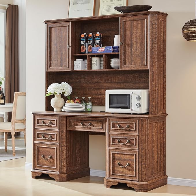 T4TREAM 59" Farmhouse Executive Desk with Hutch,Wood Home Office Computer Desk, Featuring Keyboard Tray,Charging Station,File Drawer, Storage Cabinet,for Work and Study (Reclaimed Barnwood)