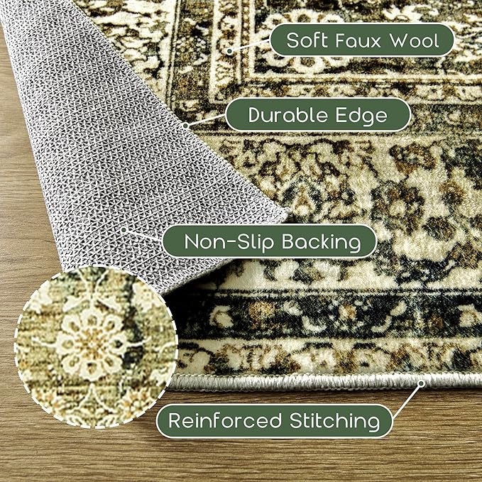 Throw Rugs 2x3,Non Slip Washable Vintage Floral Boho Accent Soft Thin Small Area Rug for Sink Area Bathroom Bedroom 24 x 36,Olive Green and Beige
