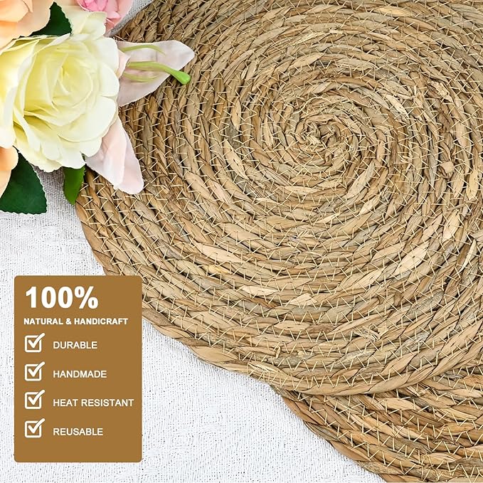 Round Woven Placemats 12 Inch Set of 10, Natural Fiber Braided Rattan Table Mats | Boho Wicker Placemats for Dining | Farmhouse Kitchen Home Decor