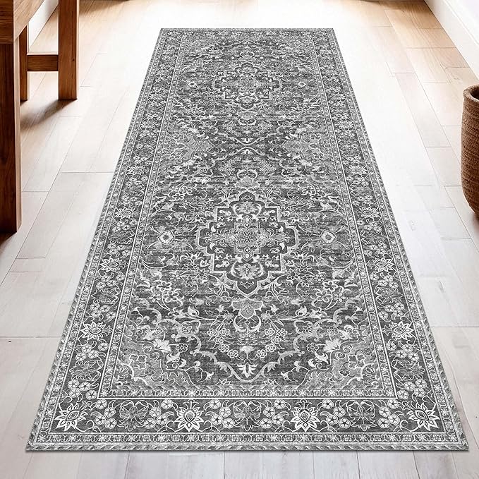 Washable Runner Rug 2x6 | Non Slip Rug Runners for Hallways, Entryways, Kitchens, Bathrooms, Bedrooms | Ultra-Soft Flannel Carpet Runners with Rubber Backing (Dark Grey, 2x6)