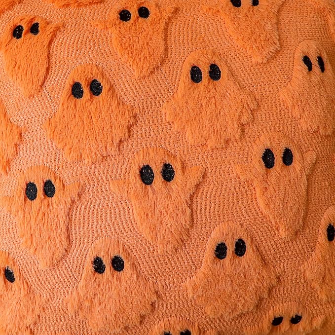 4TH Emotion Halloween Ghost Decorative Pillow Covers 20x20 Set of 2, Orange Soft Plush Faux Fur Farmhouse Throw Cushion Cases for Fall Autumn Holiday Home Decorations
