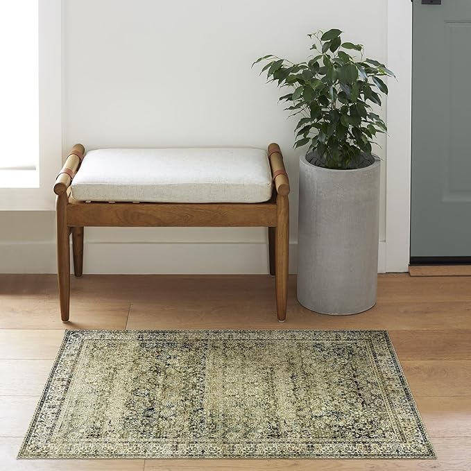 Throw Rugs 2x3,Non Slip Washable Vintage Floral Boho Accent Soft Thin Small Area Rug for Sink Area Bathroom Bedroom 24 x 36,Olive Green and Beige