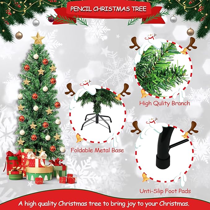Suunyglade 5.5FT Green Artificial Christmas Tree, Premium Hinged Pine Tree with Solid Foldable Metal Legs, Pencil Shape Christmas Tree Perfect for Home, Shops and Holiday Decoration
