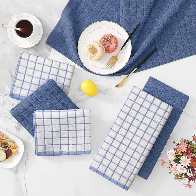 Homaxy Premium Cotton Kitchen Towels 16"x 28", Large Natural Ring Spun 390 GSM Dish Towels, Super Absorbent Terry Kitchen Hand Towels, Soft Tea Towel with Hanging Loop, Navy Blue Check Design, 8 Pack