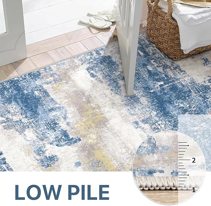 2x3 Rugs for Entryway Entrance Kitchen Bathroom, Machine Washable Modern Abstract Soft Area Rug, Indoor Floor Carpet with Non Slip Rubber Backing, Blue Cream