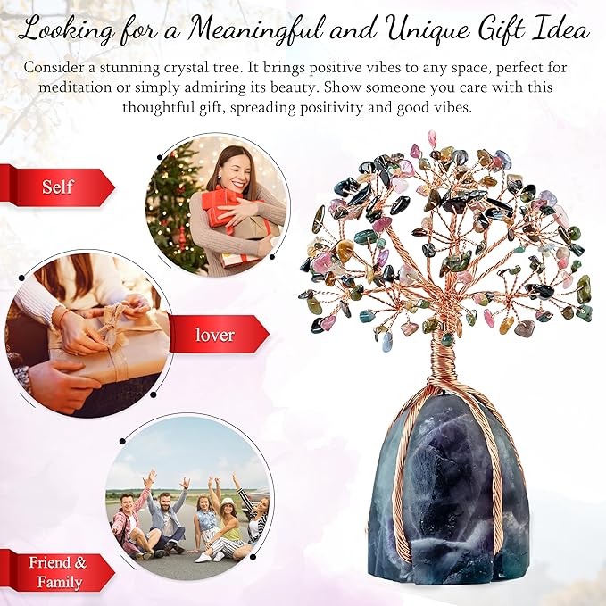 Multi Tourmaline Crystal Tree with Fluorite Rough Base Tree of Life Decor for Shelf, Bedroom, Birthday Gifts for Women, Sister Gifts, Birthday Gifts for Mom, Cute Home Decor Purple Decor Present