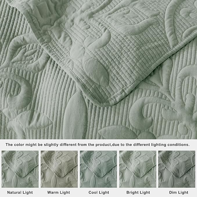 Sage Green Damask Quilt King Size Bedding Sets with 2 Pillow Shams, Boho Bedspread Lightweight Soft Farmhouse Vintage Bohemian Coverlet Retro Jacquard Pattern Bed Cover for All Season, 3 Pieces
