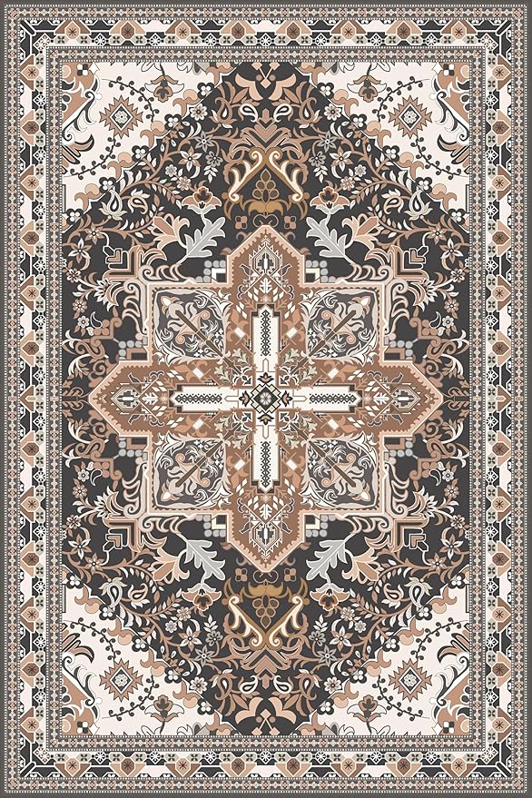 Washable Entryway Rug 2x3 | Non Slip Rug Runners for Hallways, Entryways, Kitchens, Bathrooms, Bedrooms | Ultra-Soft Flannel Carpet Kitchen Rug with Rubber Backing (Black Brown Cream, 2x3)