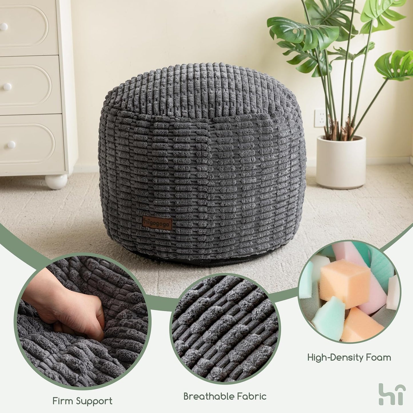 HIGOGOGO Pouf Ottoman Stuffed Round Modern Foam Filled Foot Rest Poufs for Living Room Chair Decorative 26 X 18 Inches Boho Relax Stool for Wedding Christmas Party, Dark Grey