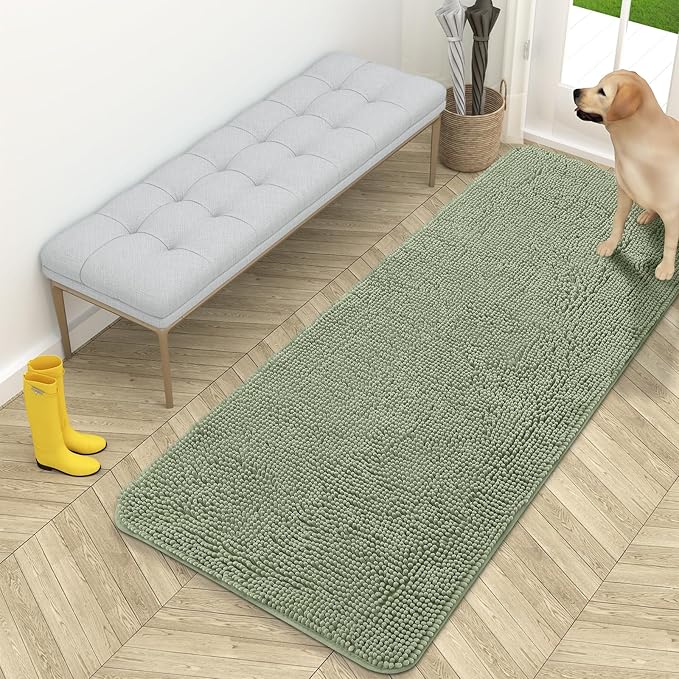 OLANLY Dog Door Mat for Muddy Paws 59x24, Absorbs Moisture and Dirt, Absorbent Non-Slip Washable Doormat, Quick Dry Chenille Mud Mat for Dogs, Entry Indoor Entryway Carpet for Inside Floor, Sage Green