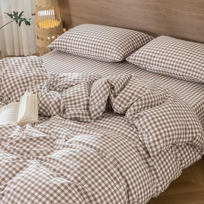 MooMee Gingham Duvet Cover Set 100% Washed Cotton Linen Like Textured Breathable Durable Soft Comfy Modern Checkered Design (Brown Gingham, Super King 108"x98")
