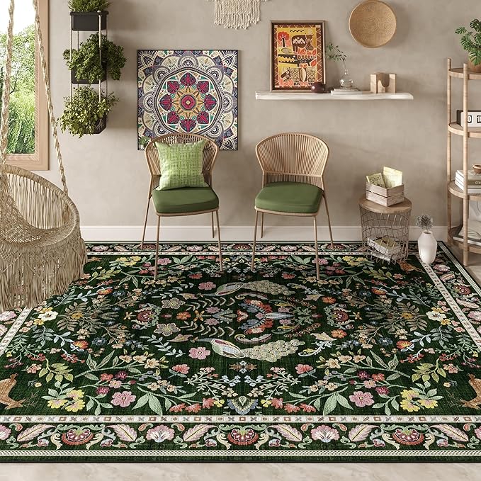 Living Room Rug 5x7 Rug Machine Washable Area Rug Floral Non-Slip Low Pile Large Rugs for Living Room, Bedroom, Farmhouse, Dining Room, Kids Playroom (Emerald Green)