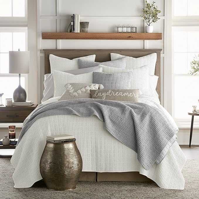 Levtex Home Mills Waffle King/Cal King Quilt Set (106x92in) with 2 Pillow Shams (36x20in) - Grey - Cotton Waffle King Size Quilt Bedding Set - Lightweight, Soft, Pre-Washed