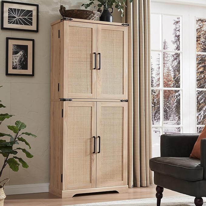 72" Tall Kitchen Pantry with Natural Rattan Doors, Storage Cabinet with Organizer, Drawer and Adjustable Shelves, Wicker Cupboard for Kitchen, Dining Room, and Hallway, Natural Oak