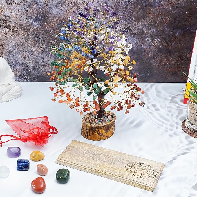 7 Chakra Tree of Life - Crystal Tree of Life with Seven Chakra Tumbles, Wooden Decor Base Tray, Handmade Gemstone Tree, Crystal Decorations, Spiritual Gifts, Artificial Tree, Feng Shui Decor Tree