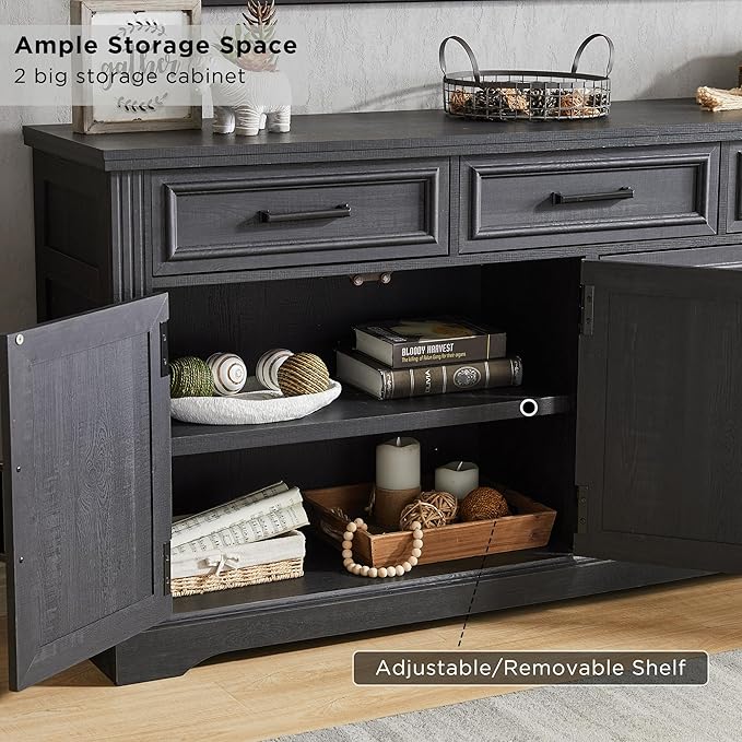 JXQTLINGMU 66" Large Buffet Sideboard Cabinet with 4 Doors and 3 Drawers, Buffet Table Coffee Bar Wine Bar Storage Cabinet for Dining Room, Living Room, Black