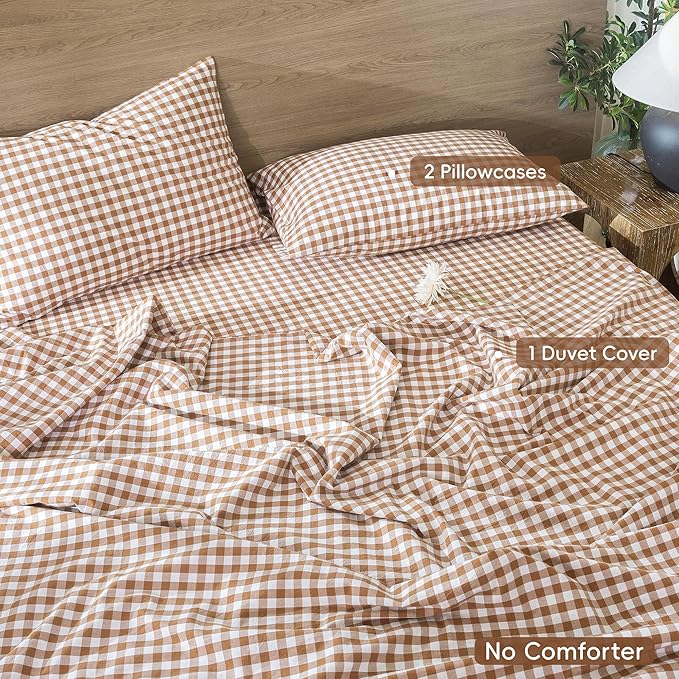 MooMee Gingham Duvet Cover Set 100% Washed Cotton Linen Like Textured Breathable Durable Soft Comfy Modern Checkered Design (Dark Orange Gingham, Full 80"x90")