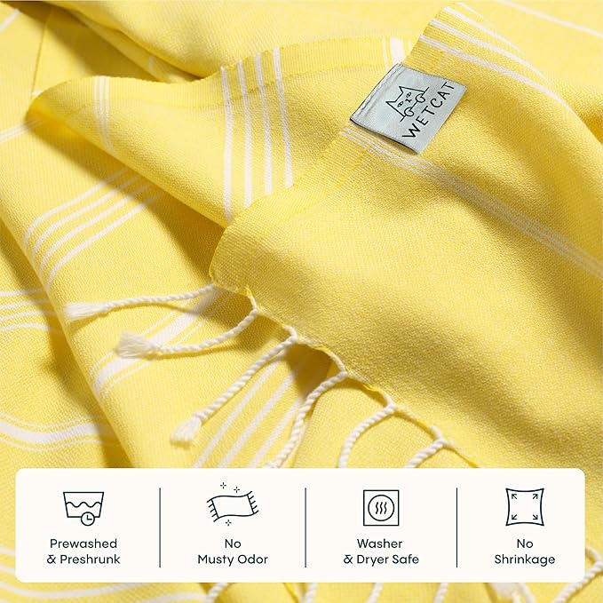WETCAT Turkish Beach Towel Oversized 38x71 100% Cotton Sand Free Quick Dry Extra Large Light Travel Towel for Adults Beach Accessories Gifts (Yellow, Beach Towel (38" x 71"))