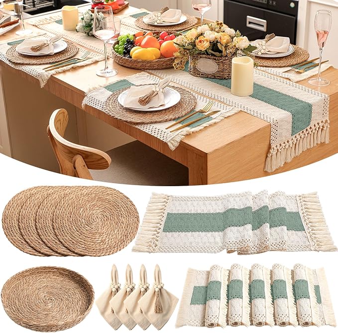 4 Sets Boho Placemats Round Woven Placemats, Cloth Napkins, Wood Bead Napkin Rings, Long Table Runner and Farmhouse Rustic Natural Burlap Cotton for Kitchen Dining Table Home (Green)