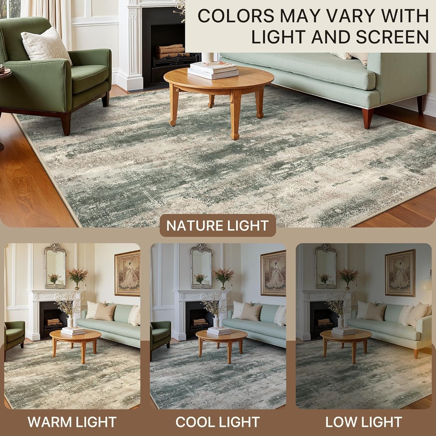 Area Rugs 6x9 for Living Room Bedroom, Modern Abstract Machine Washable Rug, Large Soft Low Pile Floor Cover with Non Slip Backing for Dining Room, Muted Green/Beige