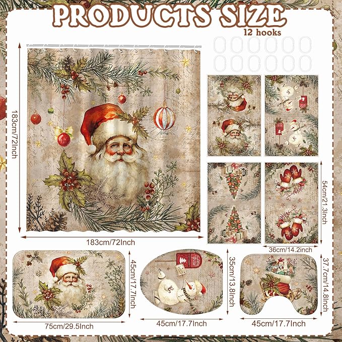 8 Pcs Christmas Shower Curtain Set Xmas Santa Bathroom Decoration Christmas Tree Hand Towels Snowman Toilet Lid Cover Bathroom Rugs Xmas Shower Curtain with Hooks(Santa Claus Style)
