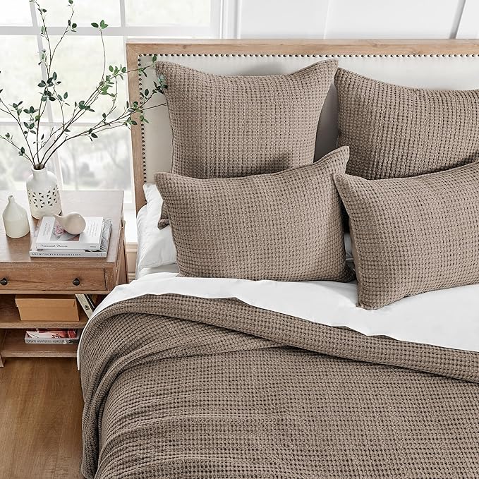 Levtex Home Mills Waffle Queen Bedspread Set (106x106in) with 2 Pillow Shams (26x20in) - Cocoa - Cotton Waffle Queen Size Bedspread Set - Lightweight, Soft, Pre-Washed