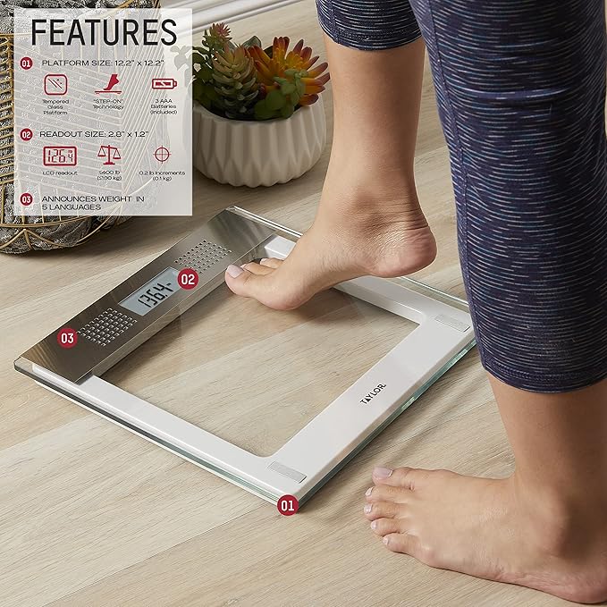 Taylor Digital Bathroom Talking Scale, 5 Languages, Scales Body Weight, White Scale Clear Glass Stainless Steel Accents, 440LB Capacity, Clear Stainless Steel Accents (5294756)