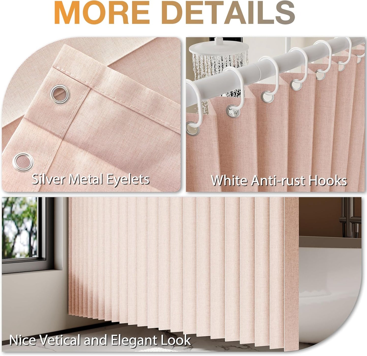 Jubilantex Folding Linen Shower Curtain for Bathroom Pink Waterproof Shower Curtain 1 Panel with 14 Metal Grommets and 1 Tie Back for Hotel,70"x70"