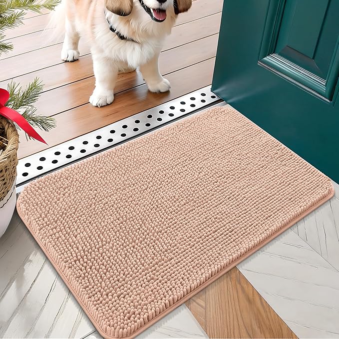 OLANLY Dog Door Mat for Muddy Paws 24x16, Absorbs Moisture and Dirt, Absorbent Non-Slip Washable Doormat, Quick Dry Chenille Mud Mat for Dogs, Entry Indoor Entryway Carpet for Inside Floor, Peach