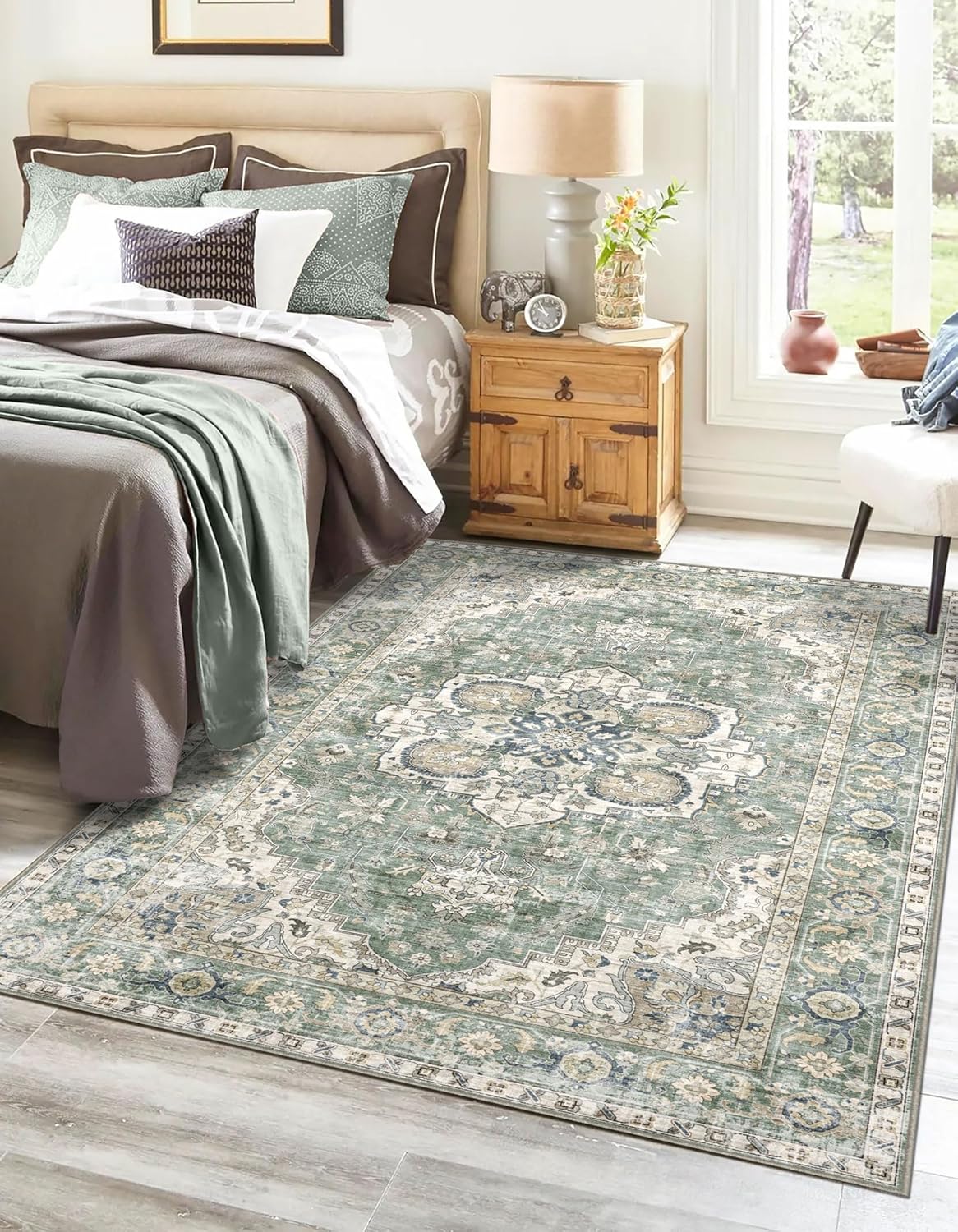 3x5 Washable Area Rug - Small Entryway Rug Non-Slip Sage Green Vintage Oriental Kitchen Rugs Low Pile Boho Carpet Throw Rugs for Living Room Bedroom Bathroom Entrance Dorm Office Home Decor